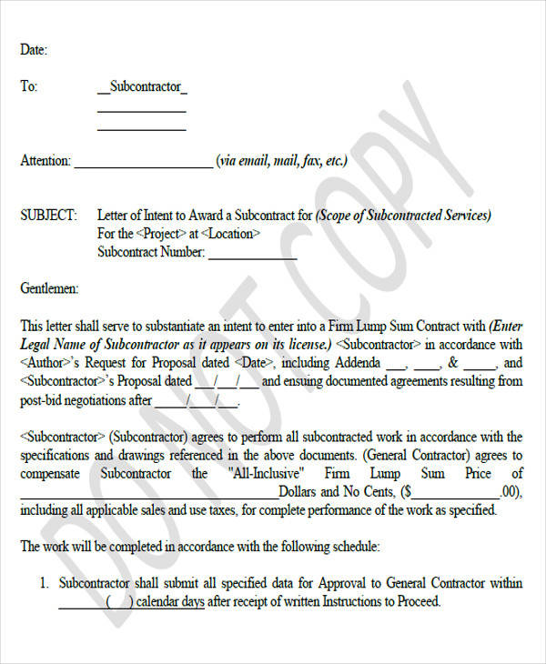 Contractor Letter Of Intent Template