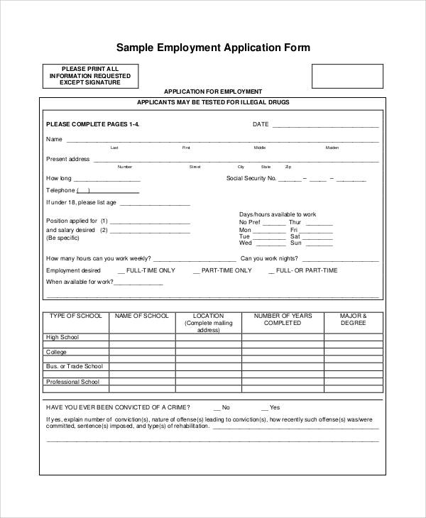 Standard Application For Employment Printable 0726