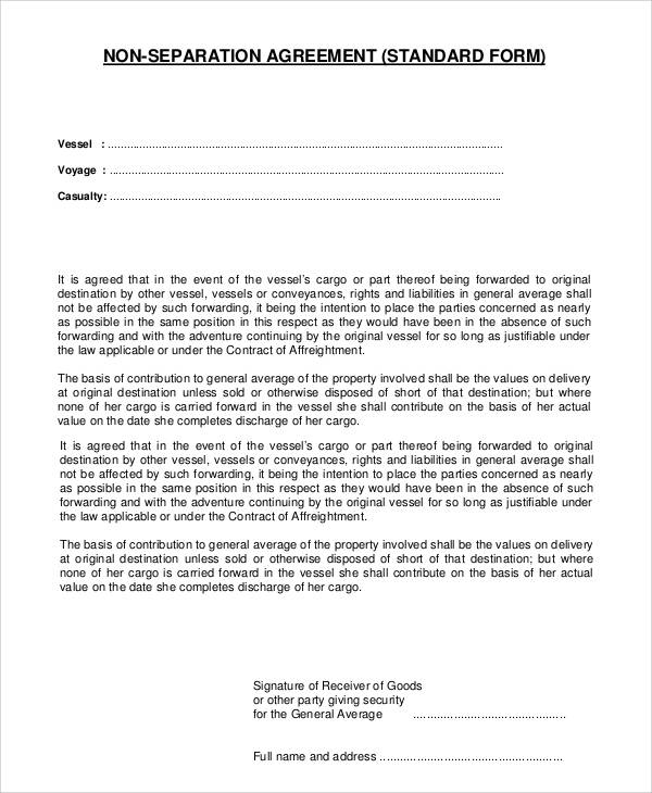 standard non separation agreement form