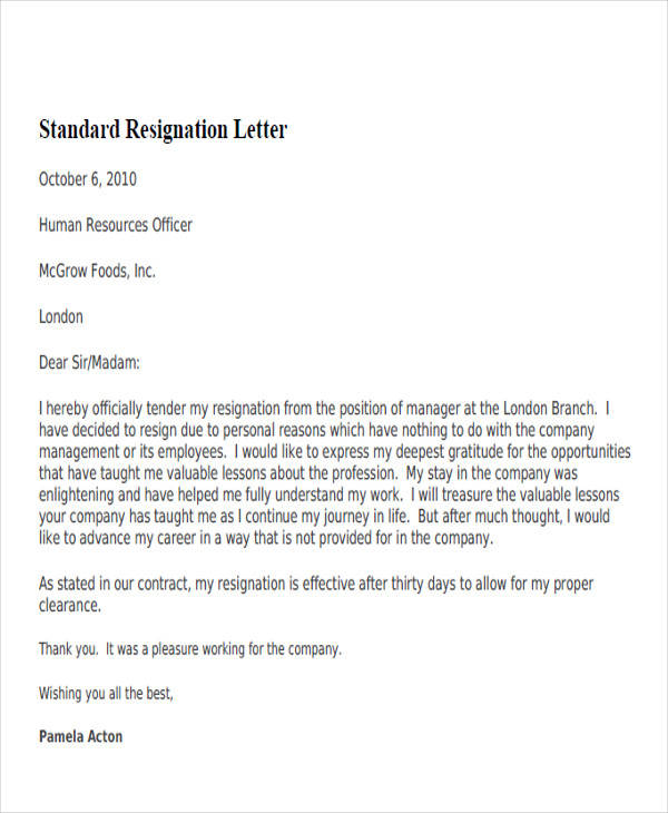 standard resignation letter