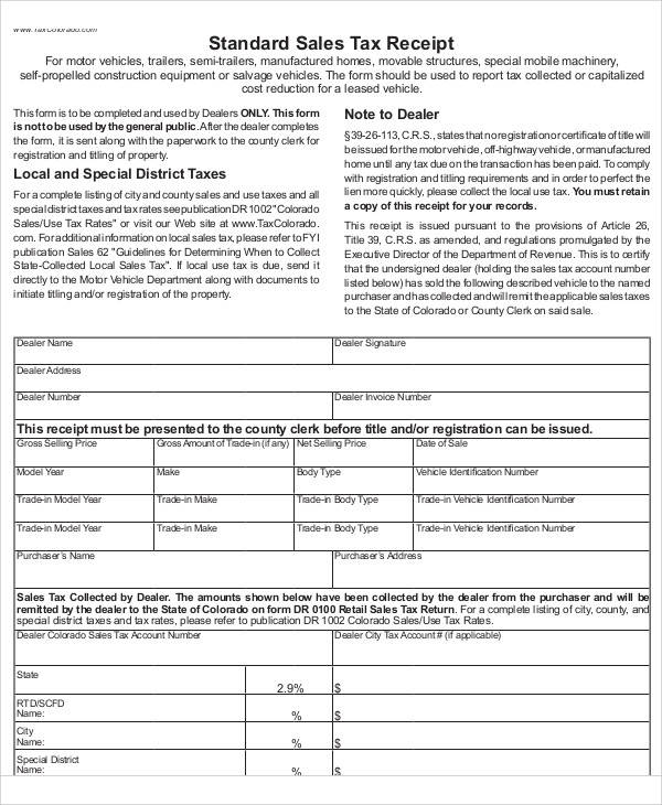 standard sales tax receipt form