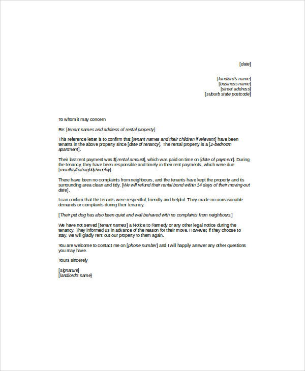 standard tenant reference letter