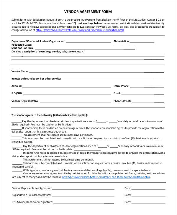 standard vendor agreement form