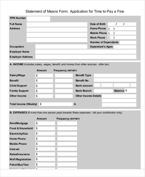 statement of means application form