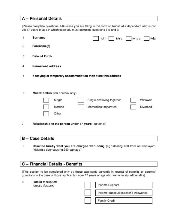 statement of means legal aid form