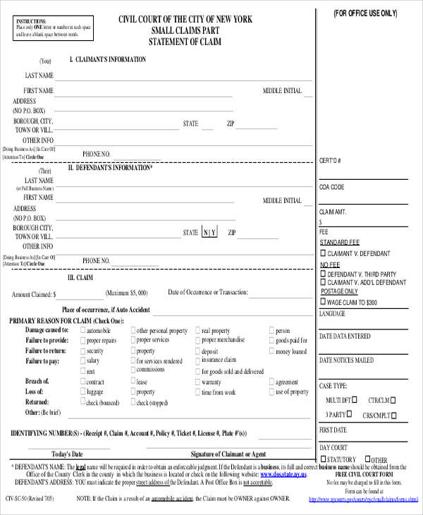 statement of small claim form