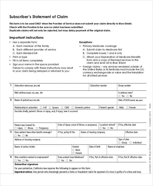 statement of subscriber claim form