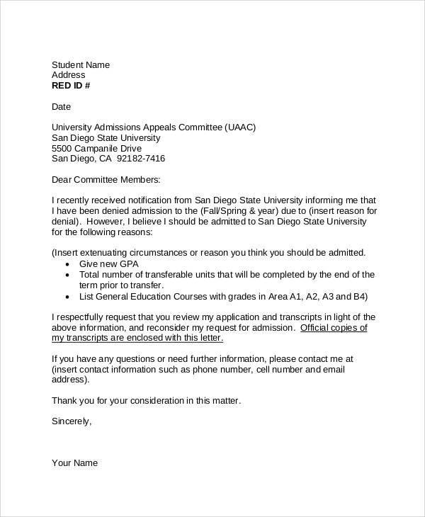 student appeal letter 