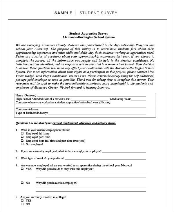 student apprentice survey form