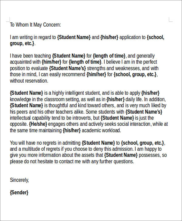 student character letter of recommendation example