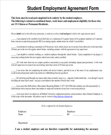 student employment agreement form