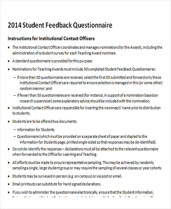 student feedback questionnaire