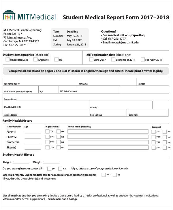 student medical report form