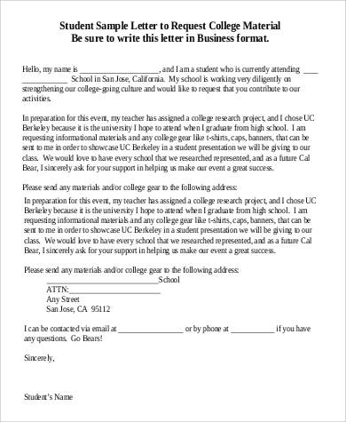 student sample letter to request college material