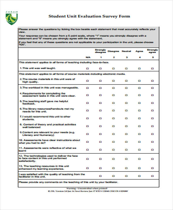 student unit evaluation survey form