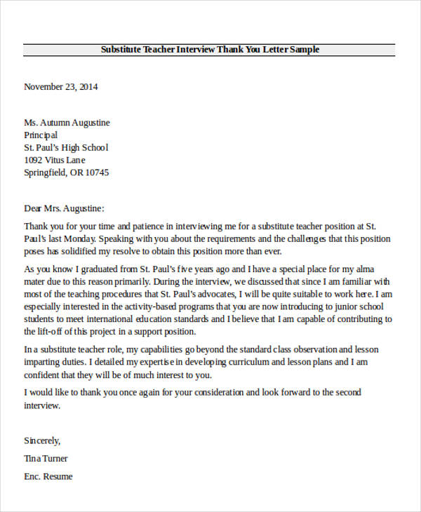 substitute teacher interview thank you letter