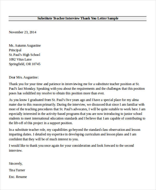 Thank You Letter For Interview Teacher Letter