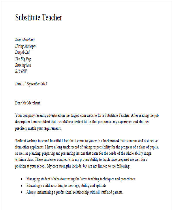 Substitute Teacher Letter Substitute Teacher Letter