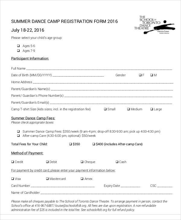 summer dance camp registration form