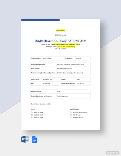 summer school registration form template