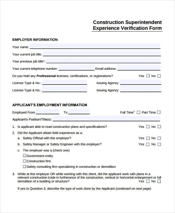superintendent experience verification form