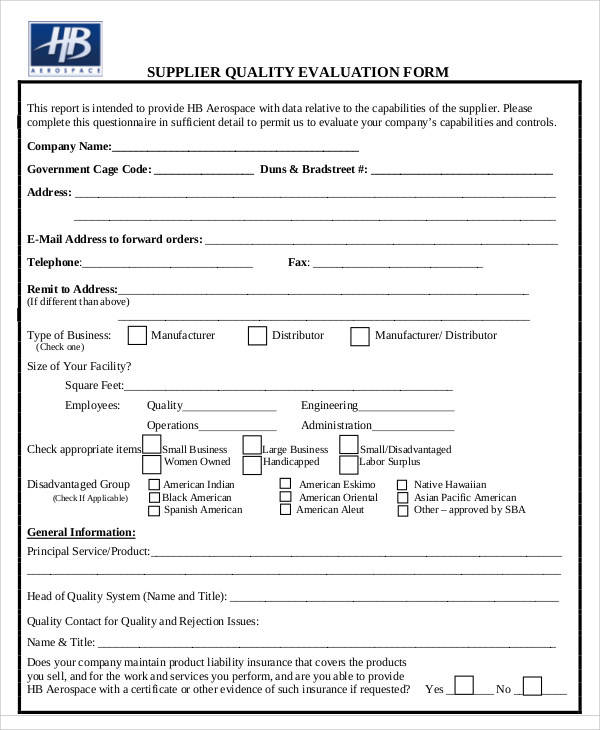 supplier quality evaluation form