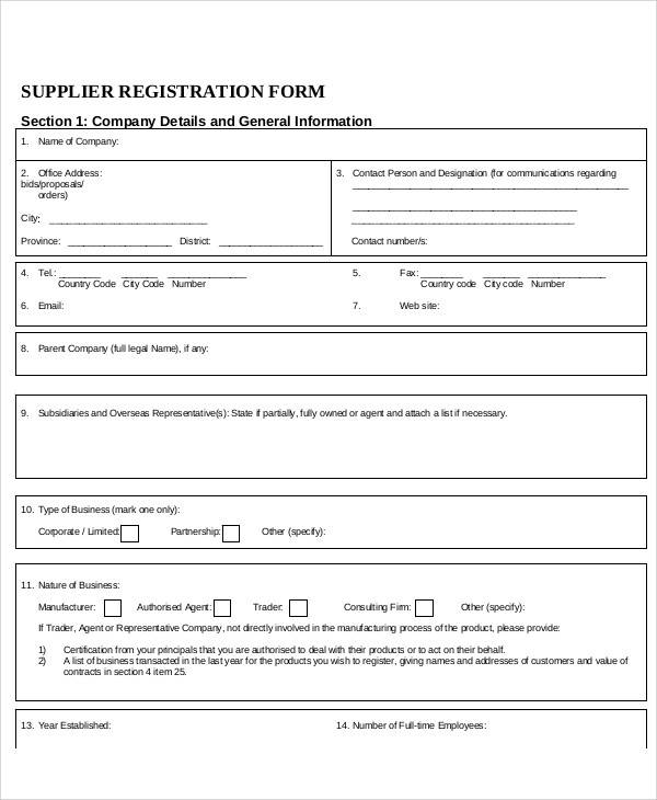 supplier registration form sample