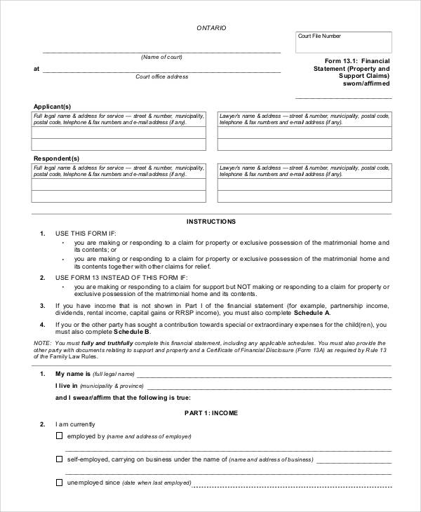 sworn financial statement form