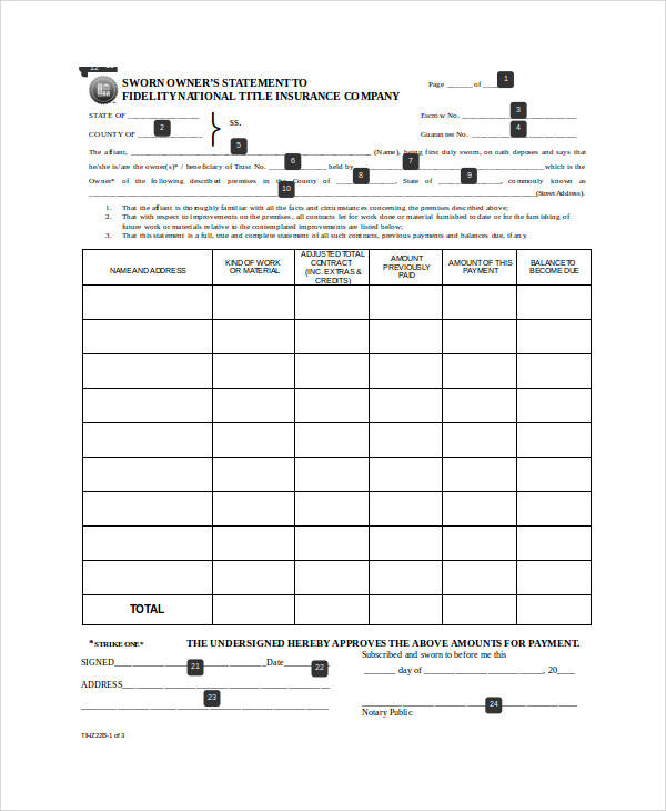 sworn owners statement form