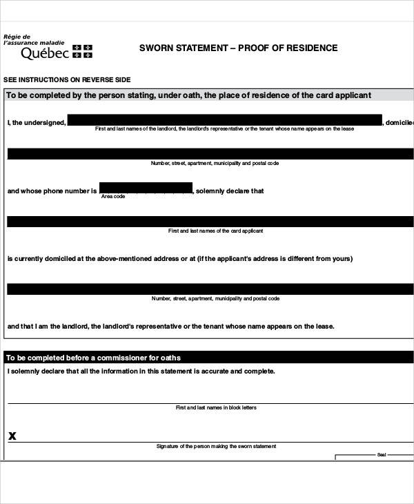sworn residence statement form