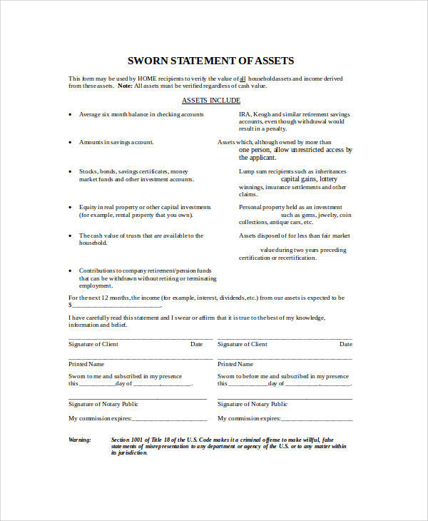 sworn statement of assets form
