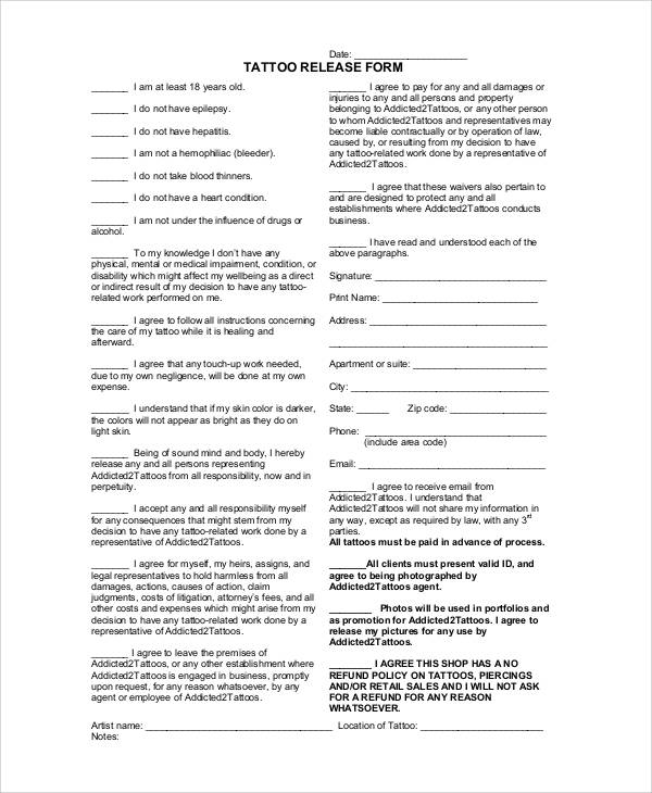 tattoo release form example