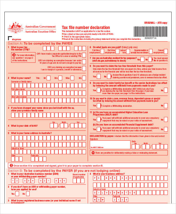 tax declaration application form