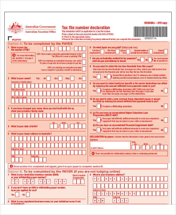 Printable Tax Declaration Form