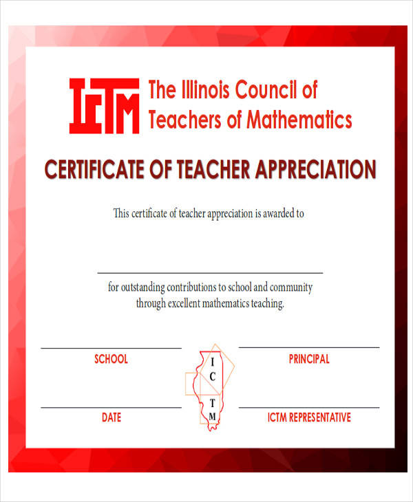 teacher appreciation award certificate
