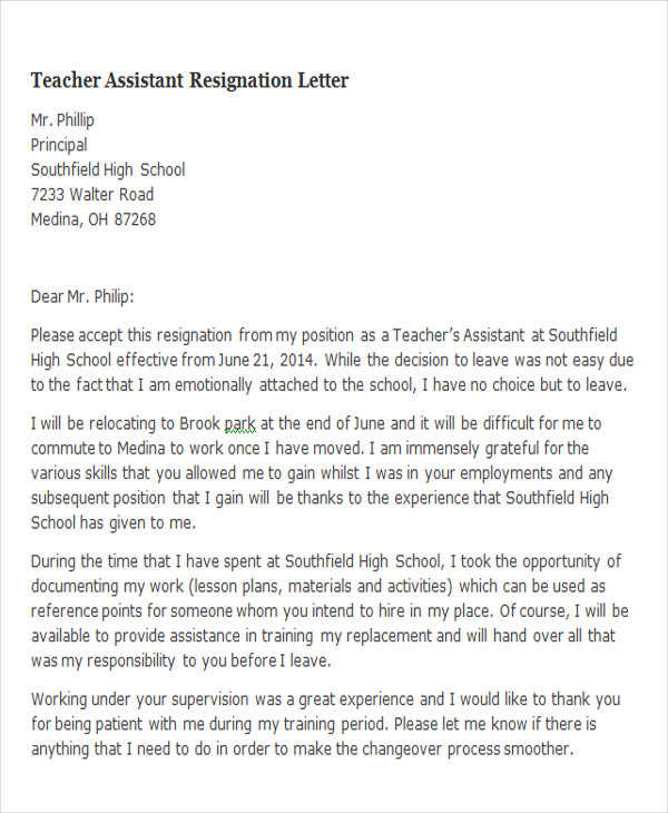 teacher assistant resignation letter