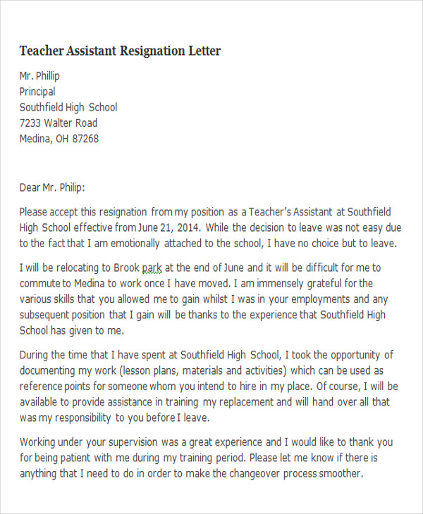 Resignation Letter Template Teaching Assistant