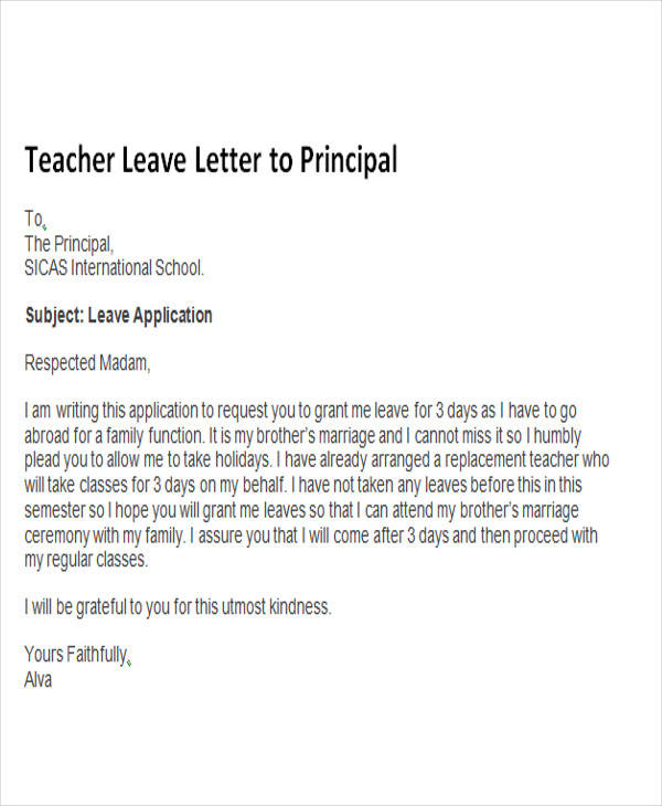 teacher leave letter to principal