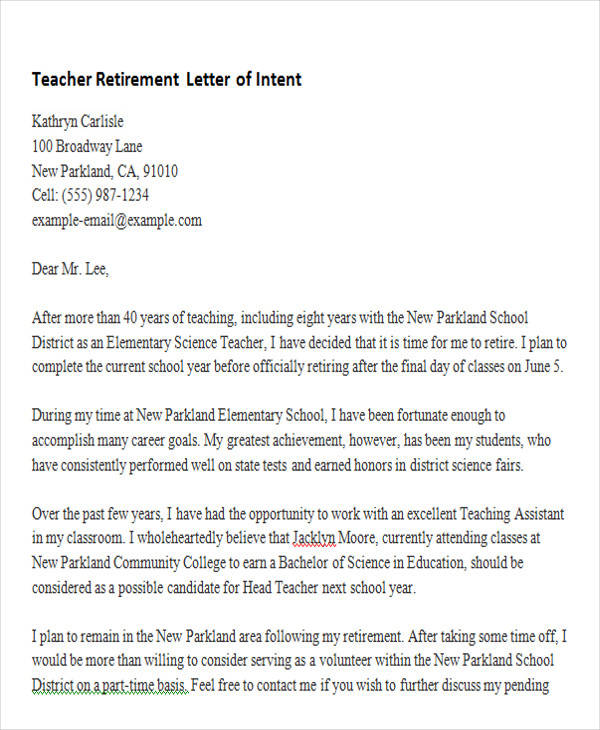 teacher retirement letter of intent