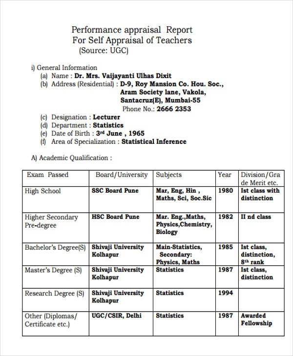 teachers performance appraisal format