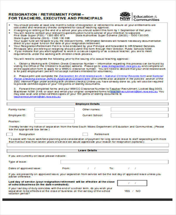 teachers separation notice form
