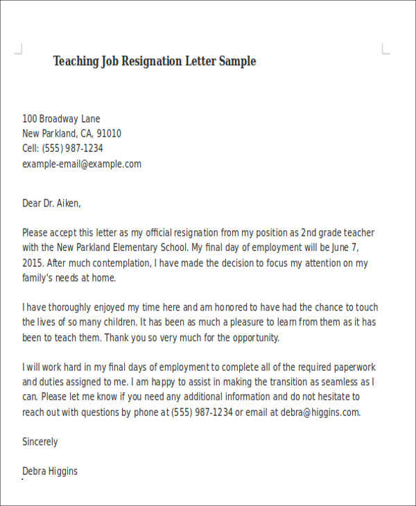 teaching job resignation letter sample