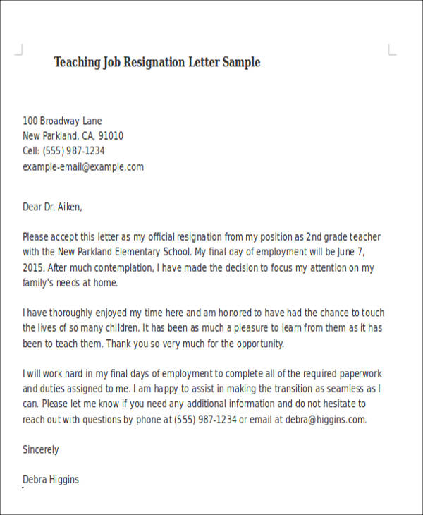 Letter Of Resignation Teacher Template