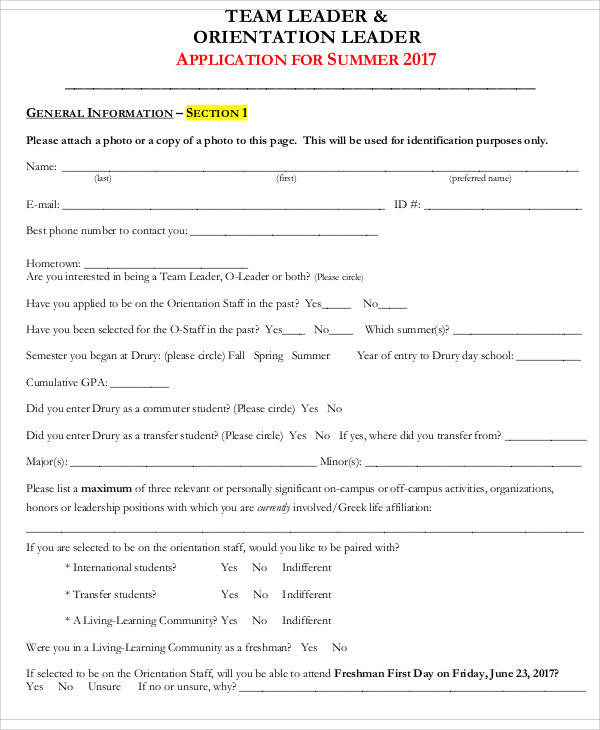 team leader and orientation leader application form