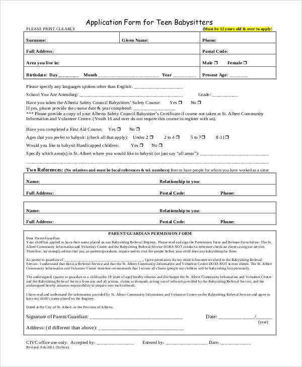 teen babysitter application form