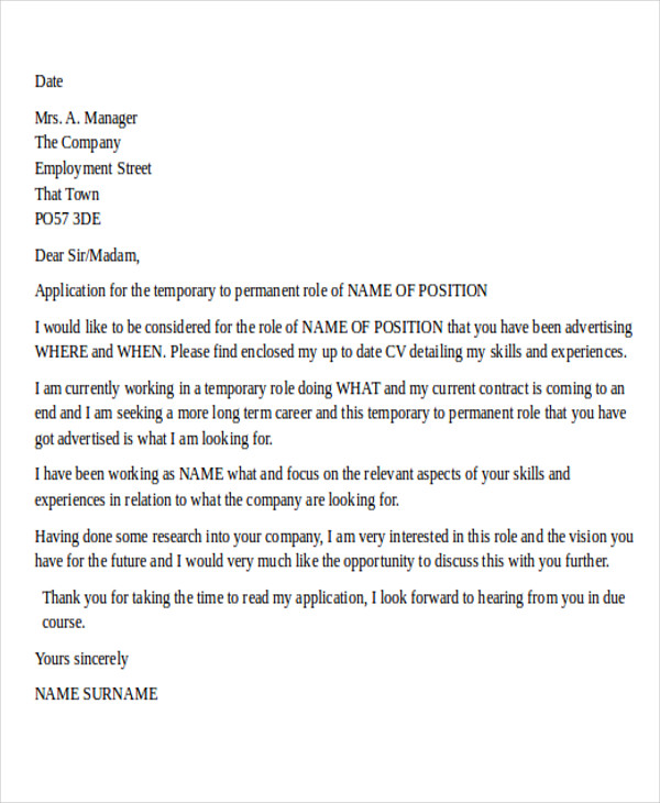 temporary to permanent job letter