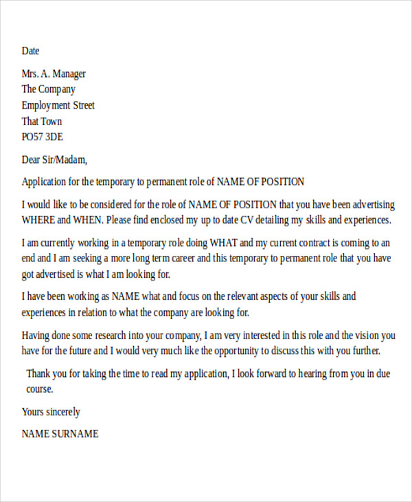 application letter for permanent position