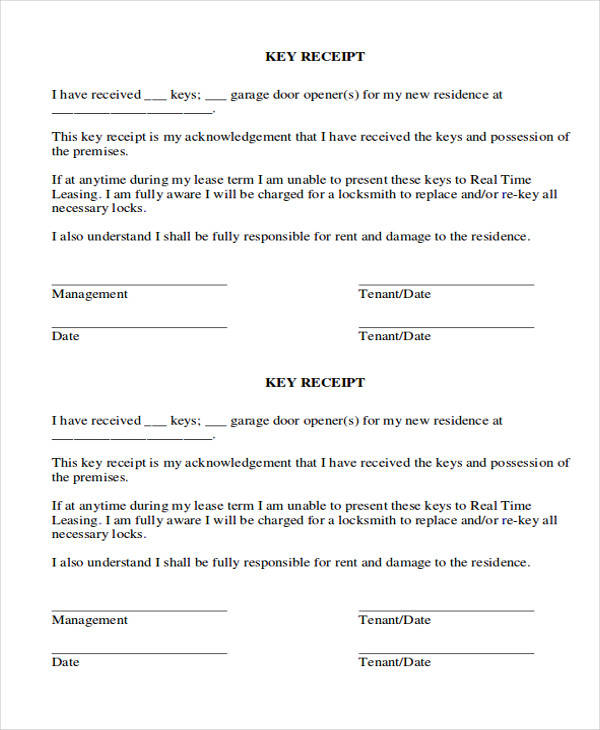Printable Key Receipt Acknowledgement Form Printable Word Searches