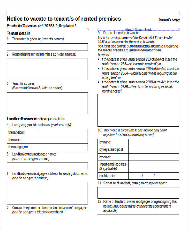 tenant vacate notice form
