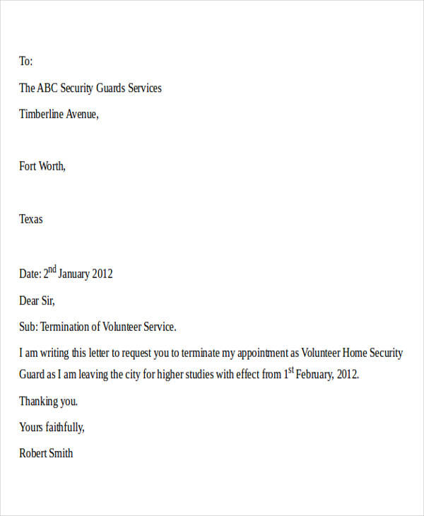 termination letter for security contractor